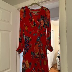 Anthropologie Red Floral Long Sleeve Dress